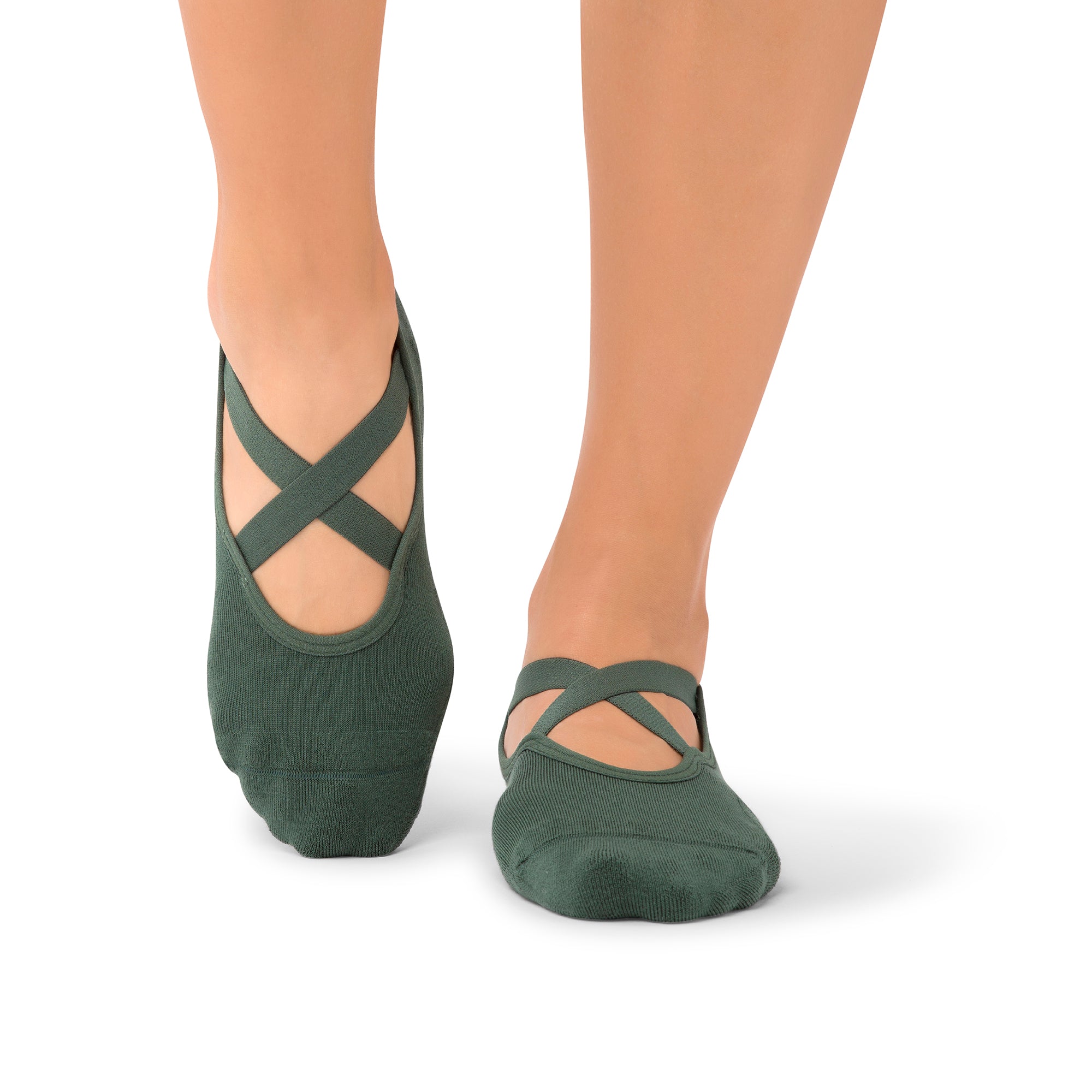 Naomi Mystic Jade organic cotton grip socks with ballet straps worn in Dubai yoga class