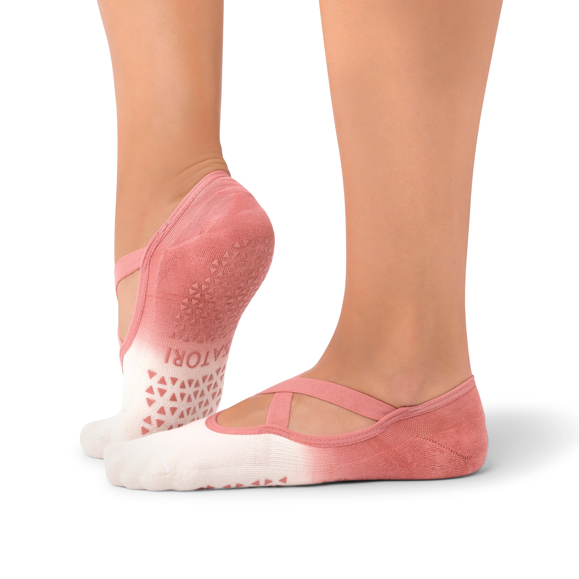 Non-slip Naomi studio socks (rosewood fade)with strap detail and cushioned sole for secure movement in barre and yoga