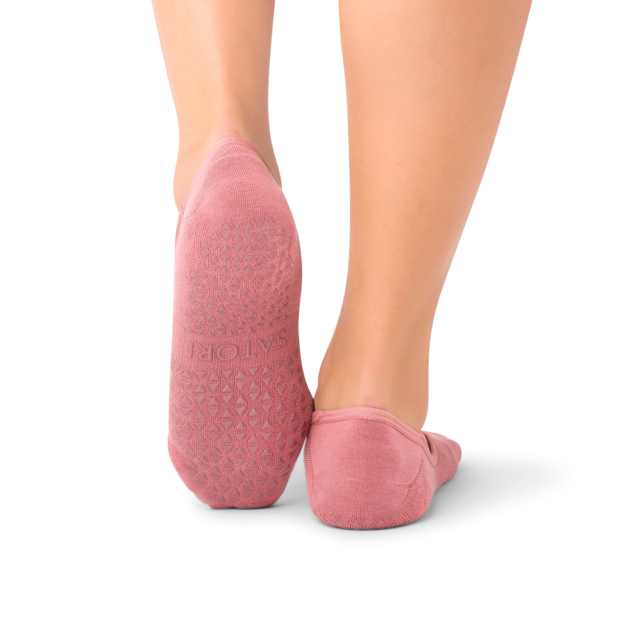 Non-slip Naomi rosewood studio socks with strap detail and cushioned sole for secure movement in barre and yoga.