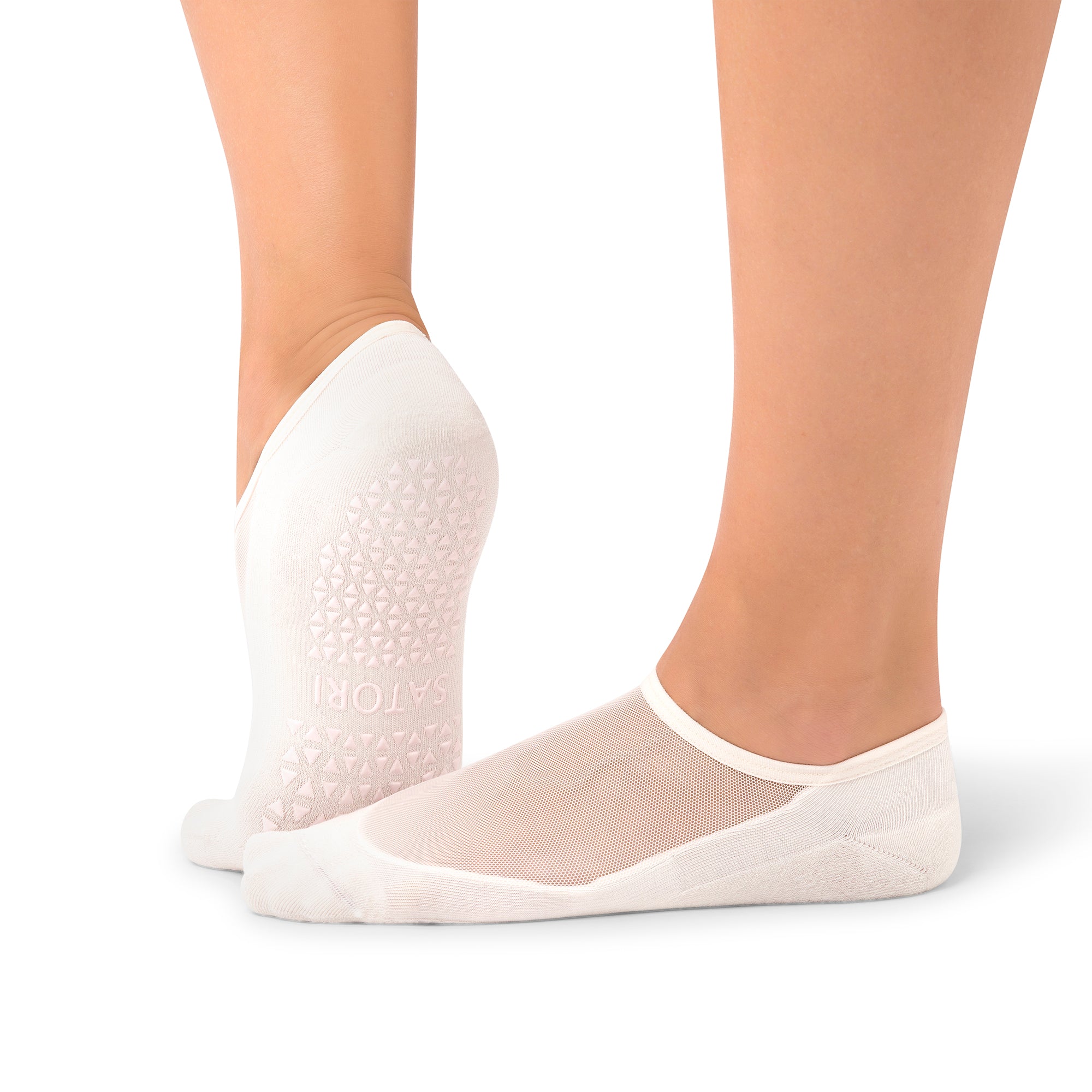 Close-up of Sora ivory blush barre socks with soft organic cotton and breathable mesh for studio performance